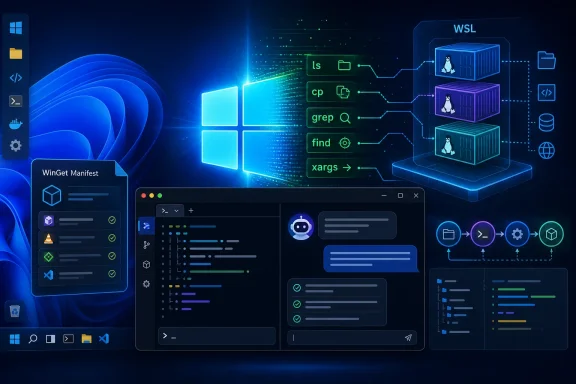 Futuristic Windows Dev/WSL illustration showing command pipelines and containerized Linux services.
