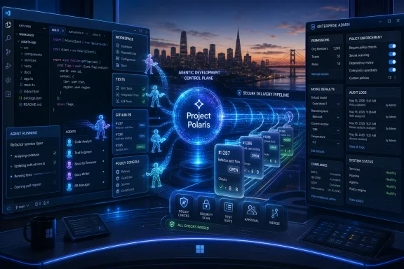 Futuristic dashboard shows “Project Polaris” with agent development pipeline and security policy controls over a city skyline.