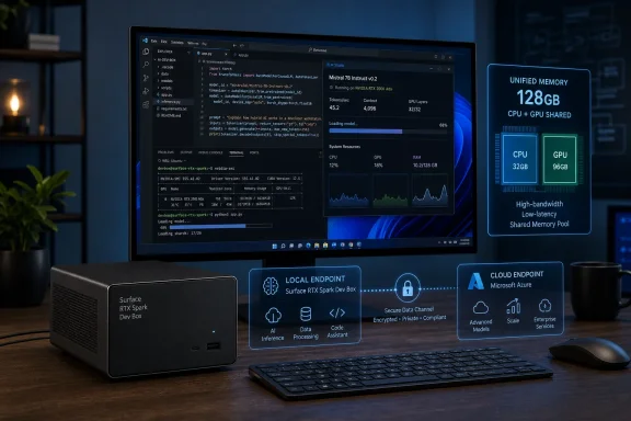 Laptop and AI desktop setup display GPU stats and unified memory 128GB on a monitor.
