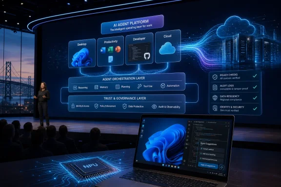 A conference presentation shows an AI agent platform diagram with trust and governance layers on a large screen.