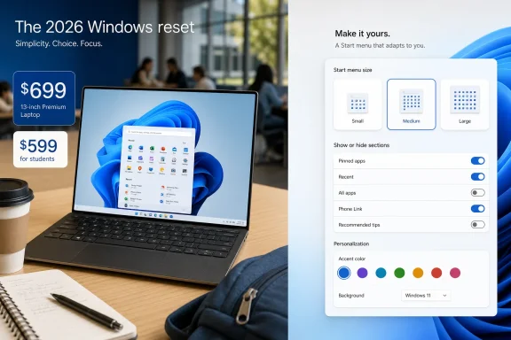 Split ad showing a Windows laptop deal and a “2026 Windows reset” start-menu customization screen.