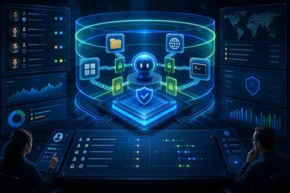 Futuristic cybersecurity dashboard with AI robot and lock icons protecting data on glowing displays.