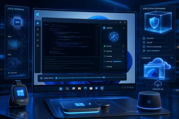 Futuristic cloud AI console shows agent status, secure containers, and Windows 365 on a blue HUD.
