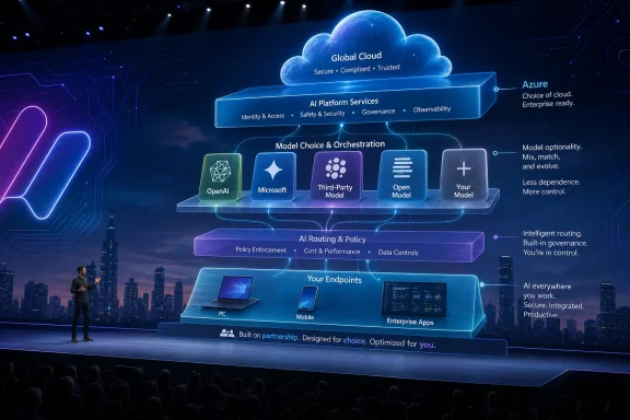 Tech conference graphic showing a glowing “Global Cloud” platform with Azure AI services and endpoints.