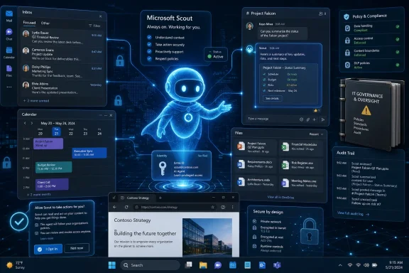 Futuristic Microsoft Scout dashboard with chat, compliance tools, file tracking, and an AI robot in a secure UI.