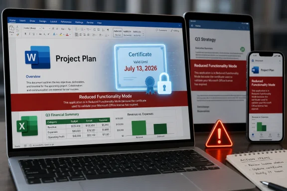 Laptops and phones display project documents with a “Reduced Functionality Mode” licensing warning.