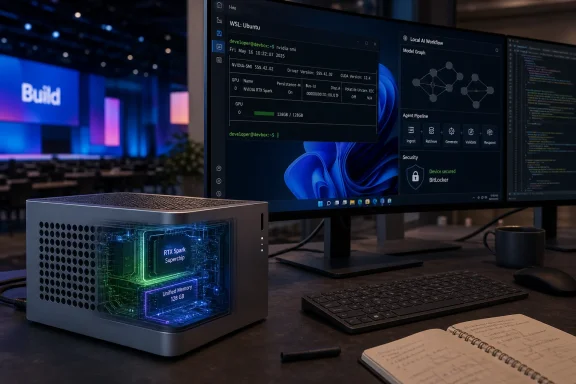 Laptop displays Linux GPU stats and AI workflow while a desktop unit labeled “RTX Superchip” glows in front.
