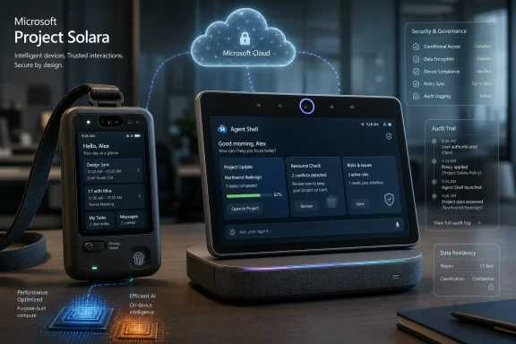 Microsoft Project Solara ad shows a phone and tablet with AI dashboard plus a secured cloud and governance panels.