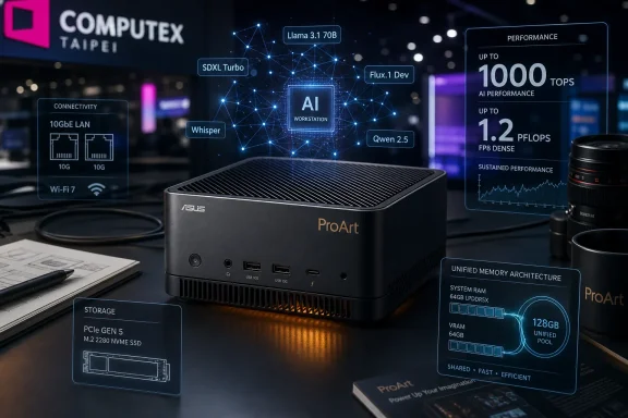 ASUS ProArt AI workstation at Computex Taipei, with holographic specs for performance and connectivity.