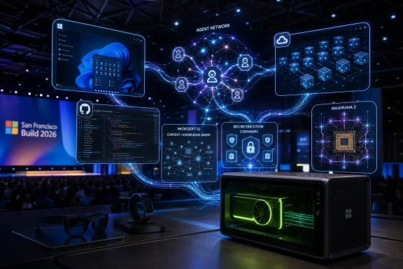 Futuristic Microsoft AI tech demo at a conference with cloud, secure containers, and quantum-style network graphics.