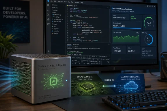 Desktop shows local AI inference dashboard running on a GPU while a Surface RTX Spark Dev Box powers development.