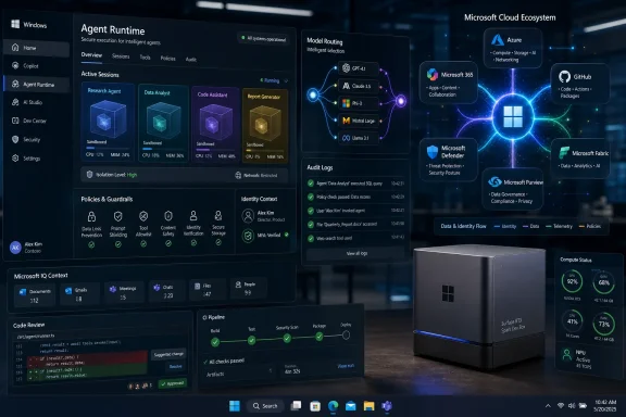 Dashboard-style graphic showing Microsoft “Agent Runtime” with AI model routing, policies, audit logs, and compute status.