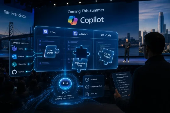 Microsoft Copilot demo at a tech conference, with “Coming This Summer” shown on a large stage display.
