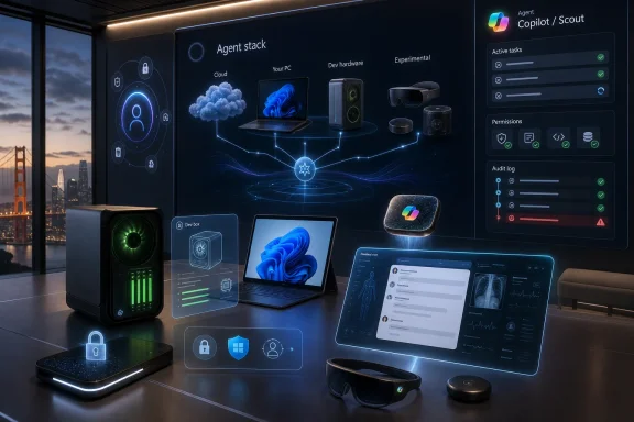 Futuristic office scene showing an “Agent stack” tech dashboard with devices and Copilot/Scout controls.