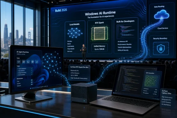 Tech conference display featuring a Windows AI Runtime demo with laptops, a device, and cloud/security UI.