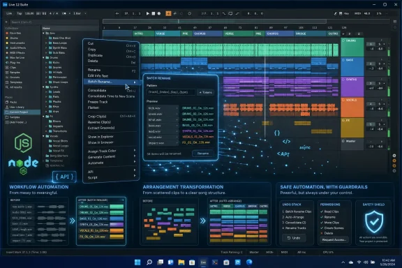 Screenshot of Live 12 Suite music production software with a batch rename menu and track arrangement view.