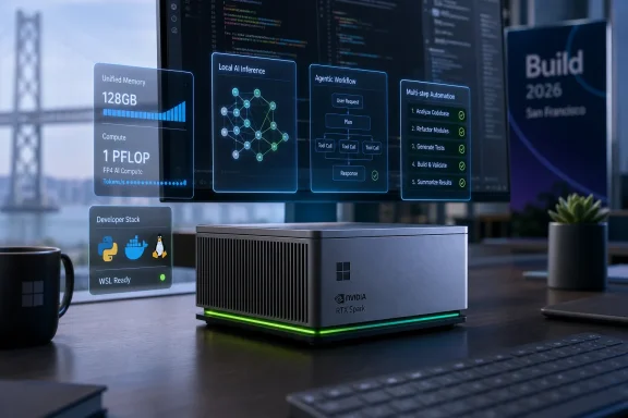 Office workstation with an NVIDIA RTX Spark server running AI build workflow holograms and coding screens.