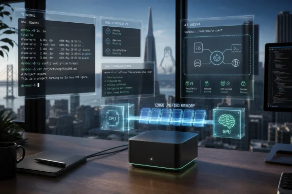 Smart device on a desk with holographic AI/WSL terminal panels showing CPU, GPU, and unified memory.