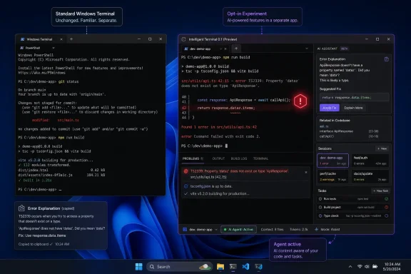 Side-by-side Windows Terminal screens showing a build with a TypeScript error and AI-assisted fix suggestions.