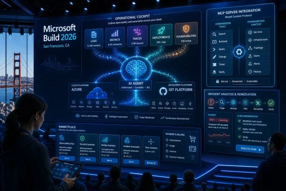 Microsoft Build 2026 stage display showing an AI-powered cloud operational cockpit and incident analysis dashboard.