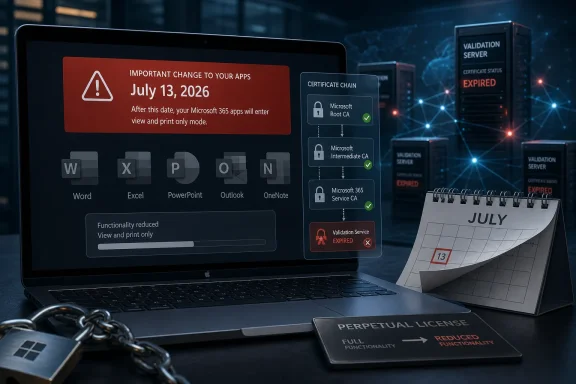 Laptop display shows Microsoft 365 change notice: July 13, 2026, reduced functionality and expired validation.