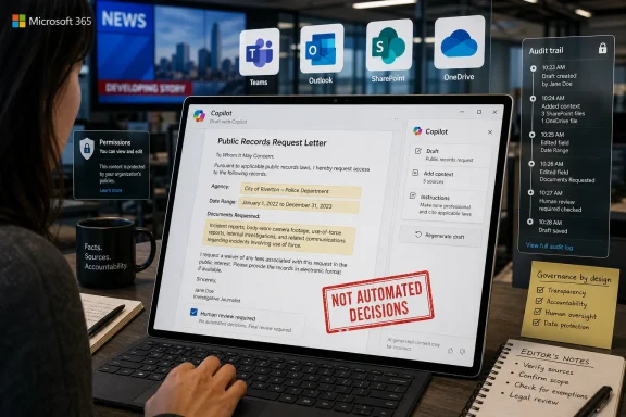 Person uses a laptop with Microsoft 365 Copilot drafting a public records request, with audit and governance overlays.