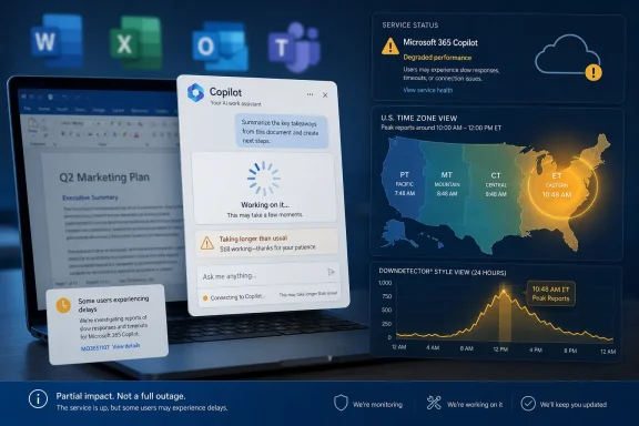 Microsoft 365 Copilot shows a “degraded performance” status with delays and peak report graphics on a laptop screen.