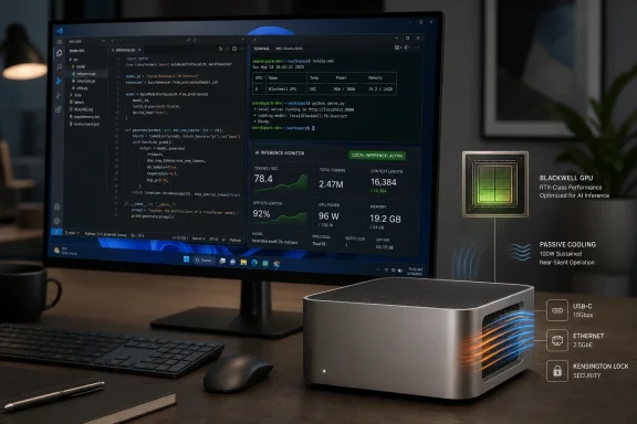 A laptop shows AI inference monitoring software while a desktop GPU server runs local blackwell performance.