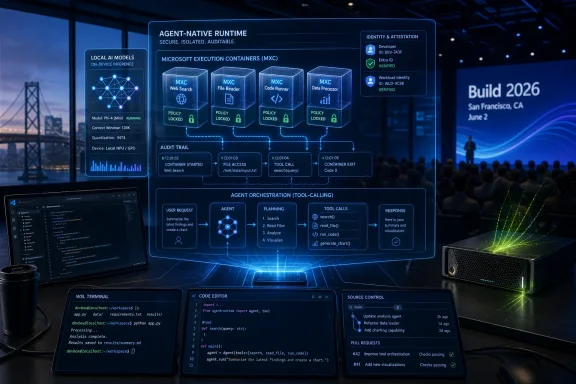 Futuristic conference tech dashboard showing agent-native runtime, secure containers, and orchestration flow.