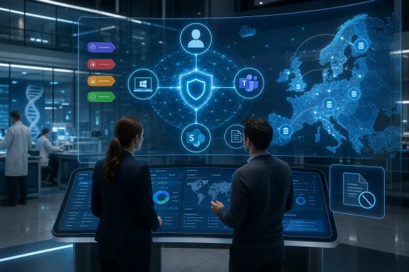 Two analysts in a modern data center view a holographic cybersecurity shield and global network map on screens.