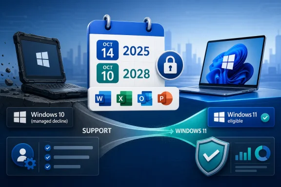 Illustration shows Windows 10 managed decline and Windows 11 eligibility with a locked calendar for Oct 2025/2028.
