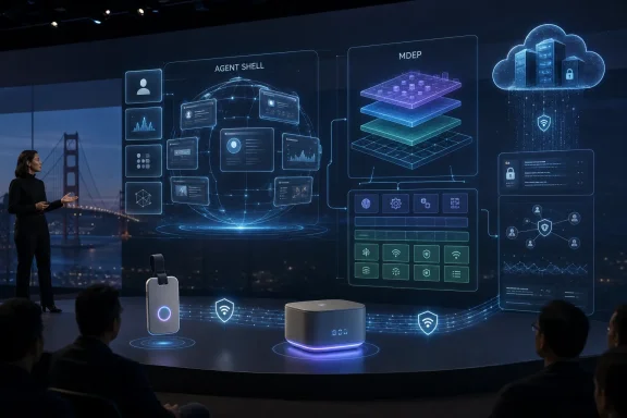 Tech conference presentation showing cloud security and AI “agent shell” on a glowing screen.