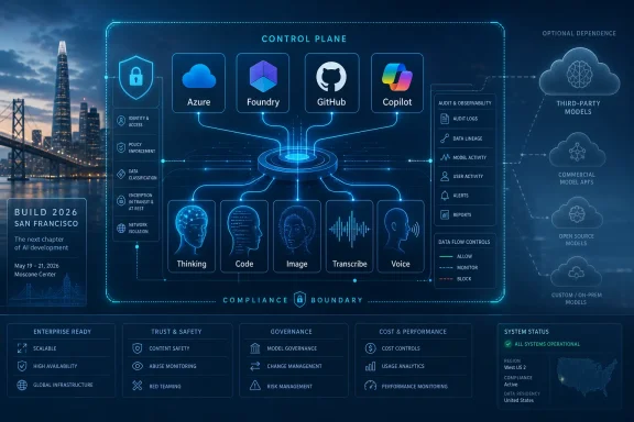Futuristic “control plane” graphic showing AI governance, identity, monitoring, and data flow between cloud services.
