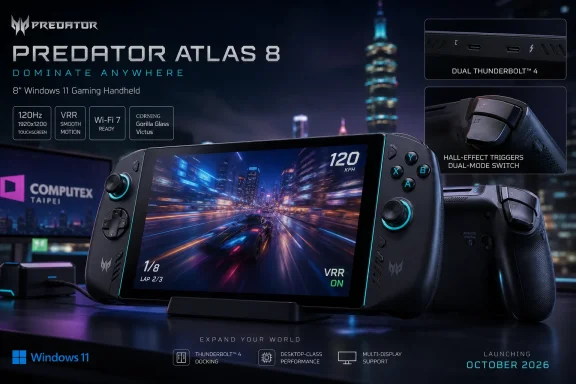 Predator Atlas 8 Windows 11 gaming handheld with 8-inch display, VRR, and Thunderbolt 4.