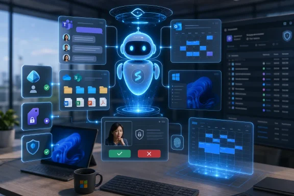 Futuristic AI robot in a control room surrounded by cloud apps, security icons, and analytics dashboards.