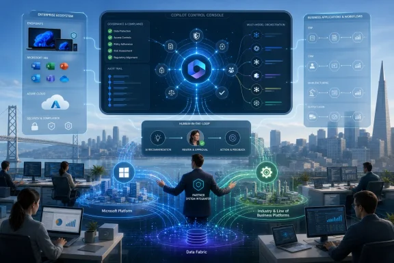 Tech team in a modern office views a futuristic cloud and AI dashboard integrating enterprise security and business workflows.