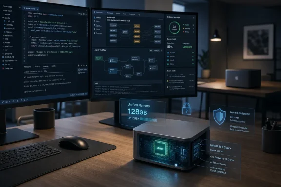 Futuristic workstation with dual monitors showing code and dashboards, paired with an NVIDIA “VTX Spark” AI server.