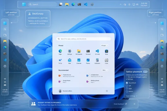 Windows 11 desktop preview showing Start menu and “Taskbar placement (Beta)” selection UI.
