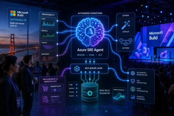 Microsoft Build stage graphic shows an AI brain powering Azure SRE agent with observability, actions, and telemetry.