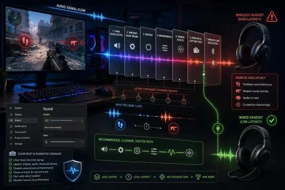 Gaming audio signal flow diagram showing high-latency wireless vs low-latency wired headset.