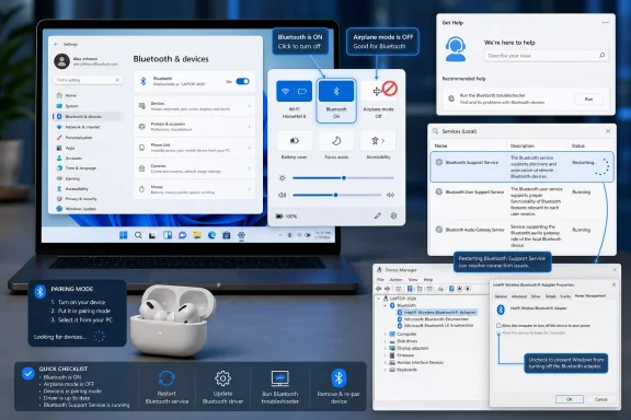 Laptop screen showing Windows Bluetooth troubleshooting and restart steps, with pairing mode and help panels.