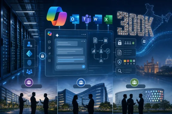 Glowing networked office scene showing Microsoft Office apps and secure data collaboration.