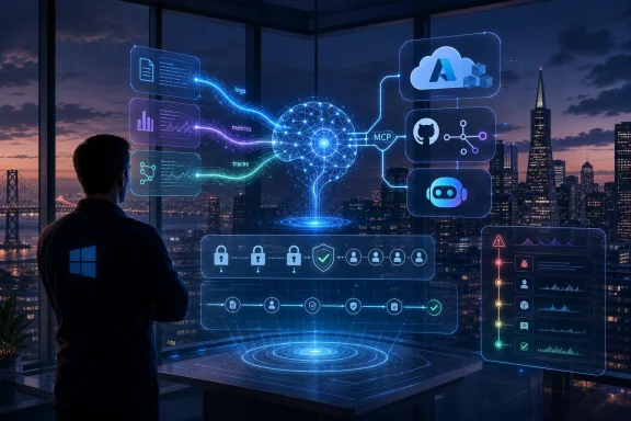 Man in office views holographic AI, logs/metrics, and secure data dashboards over a city skyline at dusk. Man in office views holographic AI, logs/metrics, and secure data dashboards over a city skyline at dusk.