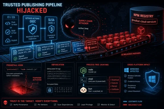 Cybersecurity diagram showing a hijacked publishing pipeline with malicious packages targeting the NPM registry and supply chain.