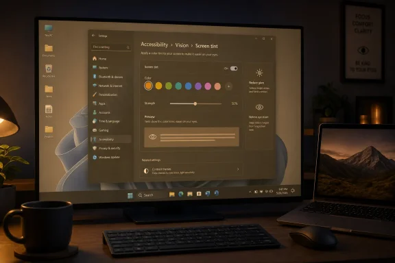 Windows Accessibility settings open on a monitor, showing Screen tint options with color preview and strength.