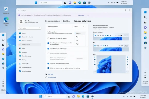 Windows 11 settings page shows Taskbar behavior options with a preview layout.