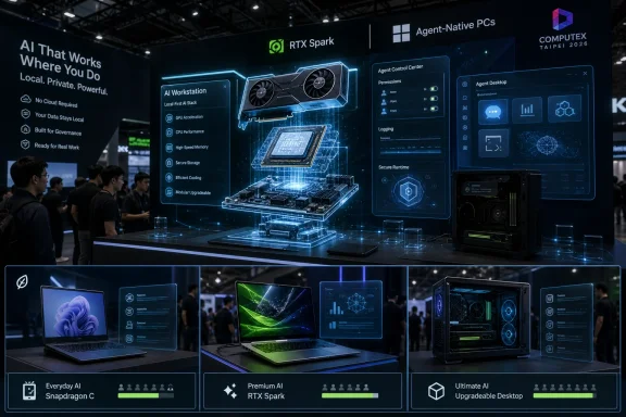 COMPUTEX 2026 booth display showing an RTX Spark AI workstation concept with control UI and desktop setups.