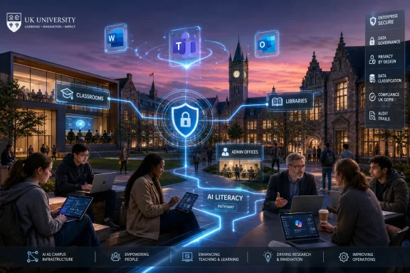 Students collaborate on a campus walkway as AI security and data-governance icons overlay the scene at UK University.
