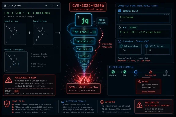 windowsforum-cve-2026-43896-in-jq-recursive-merge-dos-and-why-it-hits-windows-ops.webp