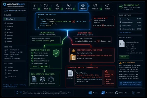 Windows CI/CD pipeline dashboard showing a config.json NUL-byte issue and sanitized artifact generation.